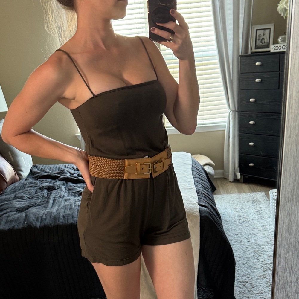 Stylish hunter green Romper (styled with Tan Belt - sold separately!)